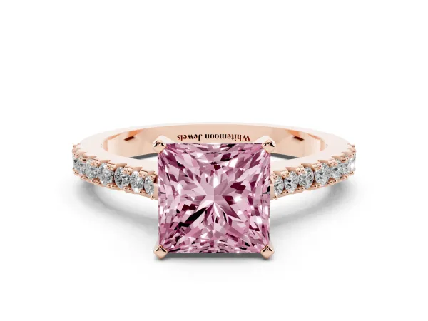 Fancy Pink Princess Cut Cut Solitaire Diamond Engagement Ring with Pave Band and Four-Prong Setting Rose gold