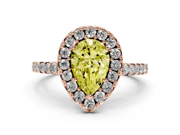 Fancy Yellow Pear Cut Halo Diamond Pavé Solitaire Ring Rose gold
