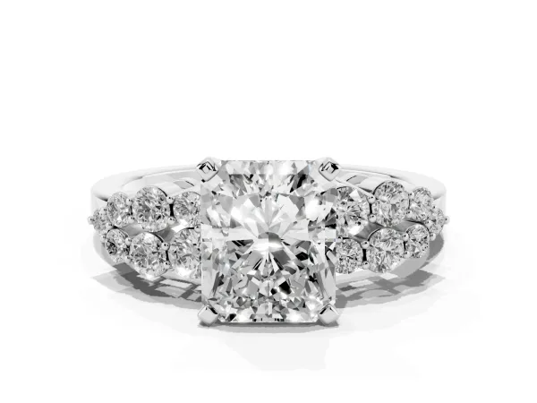 Radiant Cut Cluster Diamond Engagement Ring with Pavé Band and Four-Prong Setting White gold