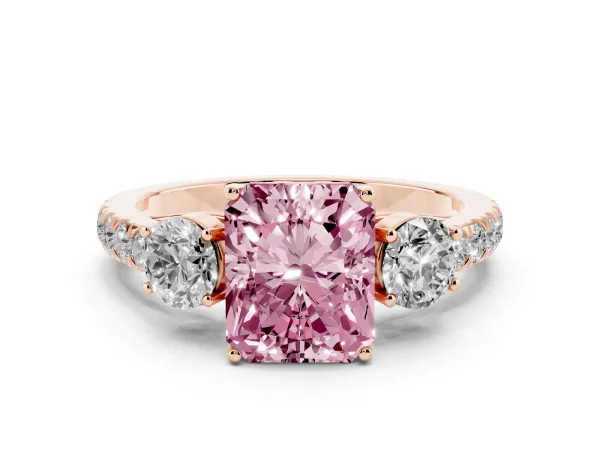 Fancy Pink Radiant Cut Cut Diamond Three-Stone Ring with Round Side Stones and Pavé Band Rose gold