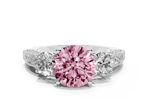 Fancy Pink Round Cut Three-Stone Diamond Ring with Pavé Band and Four-Prong Setting White gold