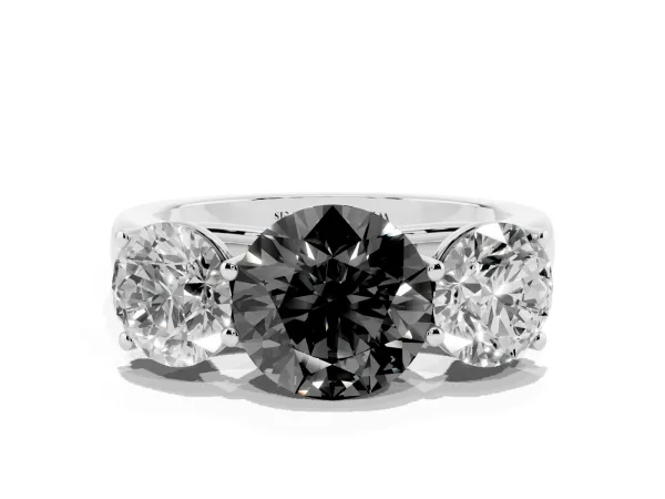 Fancy Black Round Cut Three-Stone Diamond Ring with Prong Setting on a Classic Band Platinum