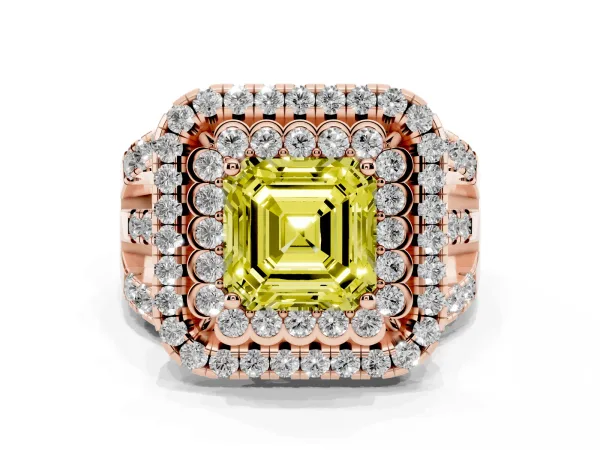 Fancy Yellow Asscher Cut Diamond Double Halo Ring with Round Pavé Split Shank and Prong Setting Rose gold