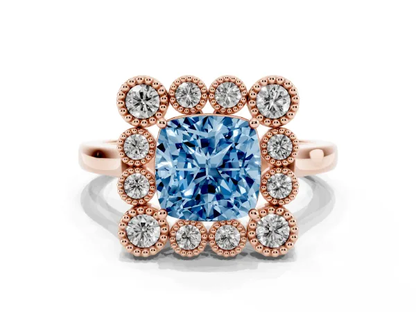 Fancy Blue Cushion Cut Halo Diamond Cluster Engagement Ring with Milgrain Bezel Setting and Solitaire Band Rose gold