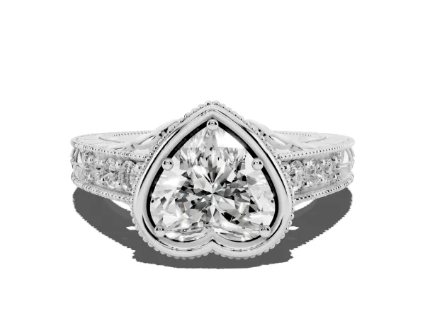 Bezel Set Heart Cut Diamond Milgrain Pave Engagement Ring White gold