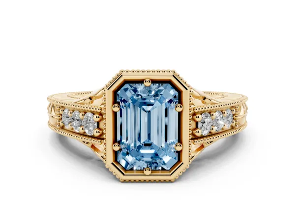Fancy Blue Bezel Set Emerald Cut Diamond Milgrain Pave Engagement Ring Yellow gold