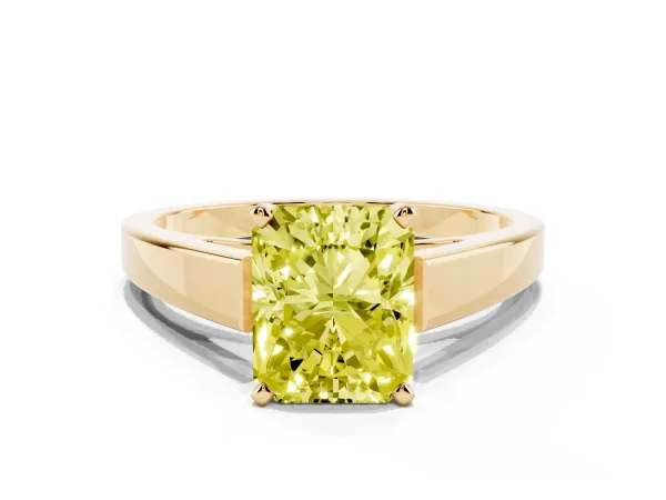Fancy Yellow Radiant Cut Solitaire Engagement Ring with Four-Prong Setting and Tapered Band Yellow gold