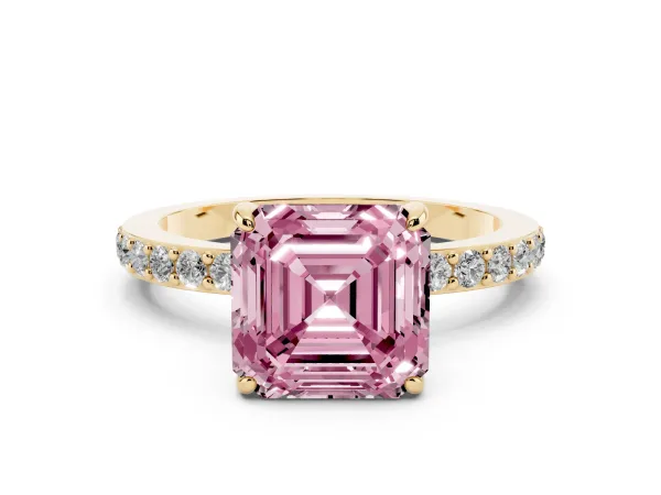 Fancy Pink Asscher Cut Diamond Pavé Engagement Ring with Round Accents and Prong Setting Yellow gold