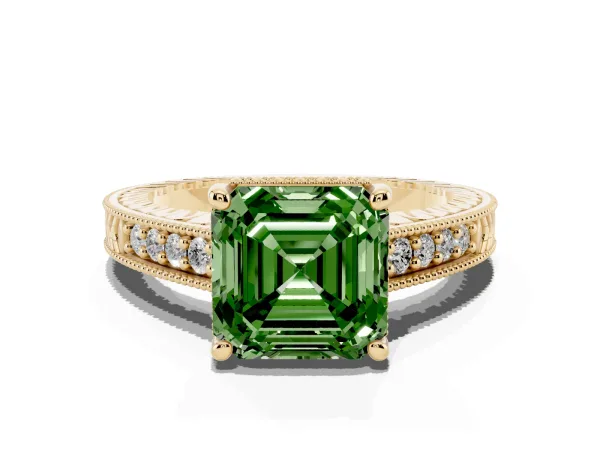 Fancy Green Asscher Cut Solitaire Pavé Diamond Milgrain Engagement Ring with Four-Prong Setting Yellow gold