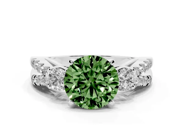 Fancy Green Round Cut Diamond Three-Stone Ring with Pavé Split Shank and Four-Prong Setting Platinum