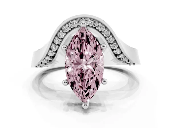 Fancy Pink Marquise Cut Solitaire Diamond Engagement Ring with Pave Band and Four-Prong Setting Platinum