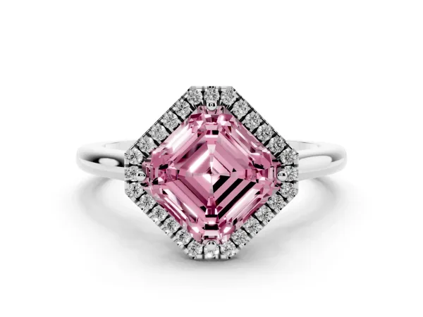 Fancy Pink Asscher Cut Halo Round Diamond Solitaire Engagement Ring with Pave Band and Four-Prong Setting Platinum