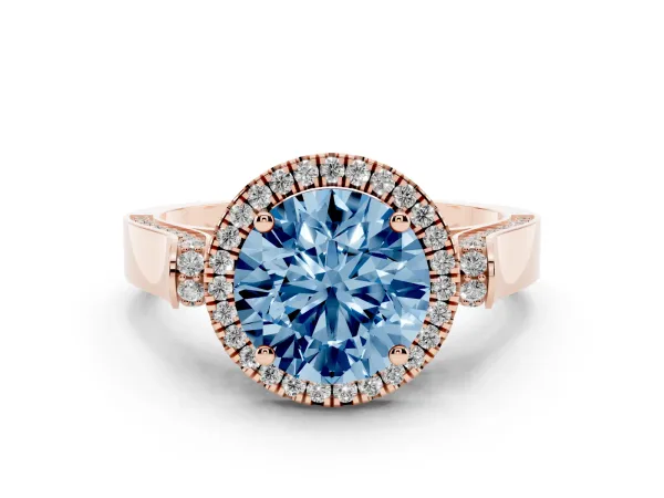 Fancy Blue Round Cut Halo Round Diamond Twist Band with Four-Prong Setting Rose gold