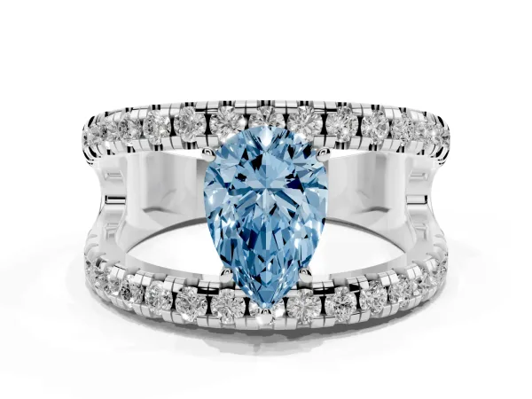 Fancy Blue Pear Cut Solitaire Split Shank Pave Diamond Ring White gold