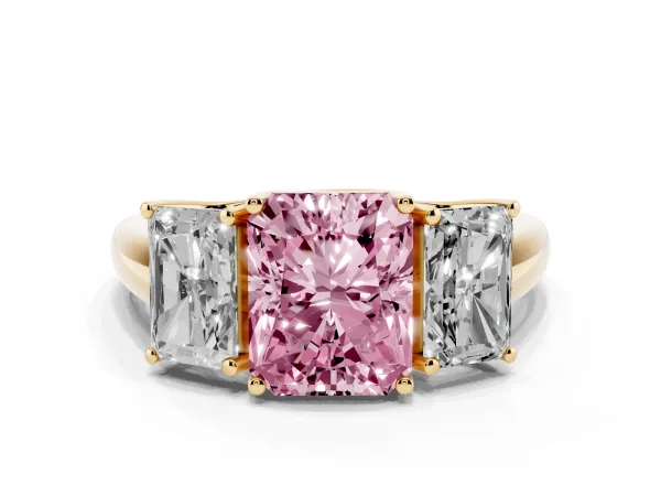 Fancy Pink Three-Stone Radiant Cut Diamond Engagement Ring with Prong Setting Yellow gold