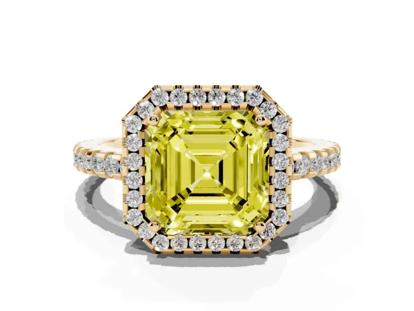 Fancy Yellow Asscher Cut Diamond Halo Engagement Ring with Pavé Band and Prong Setting Yellow gold