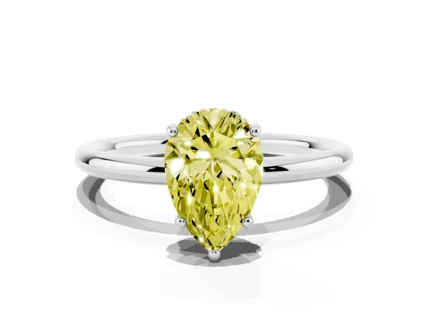 Fancy Yellow Pear Cut Solitaire Diamond Ring with a Classic Band and Four-Prong Setting Platinum