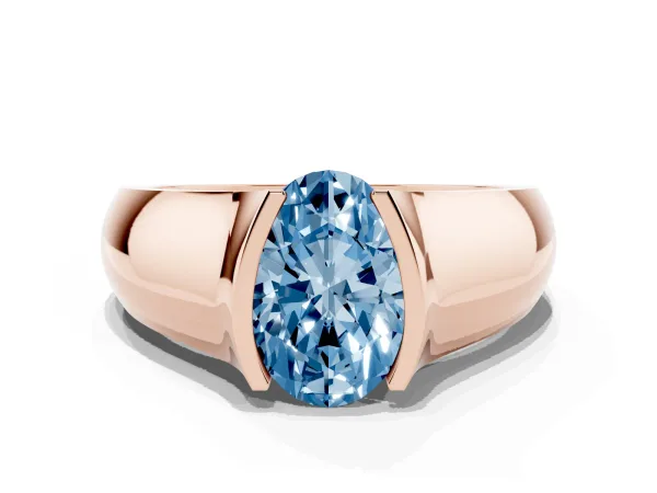 Fancy Blue Oval Cut Solitaire Bezel Set Diamond Ring with Wide Band Rose gold