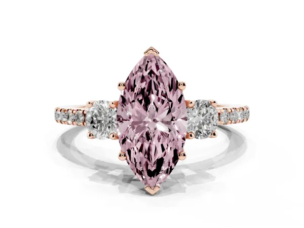 Fancy Pink Three-Stone Marquise Cut Cut Diamond Pavé Band with Prong Setting Rose gold