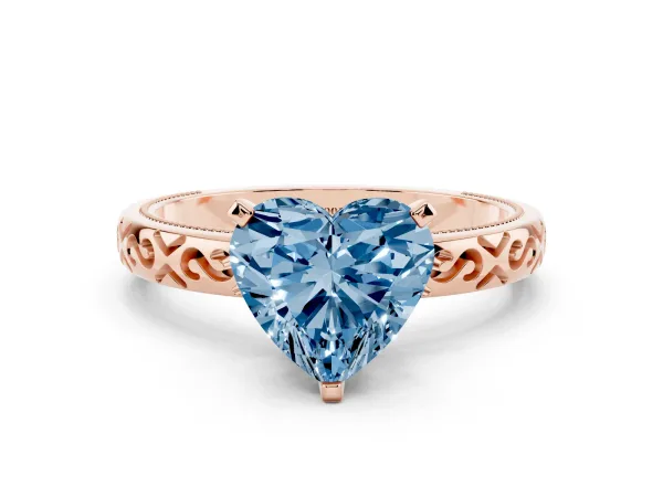 Fancy Blue Heart Cut Solitaire Engagement Ring with Scrollwork Band and Four-Prong Setting Rose gold