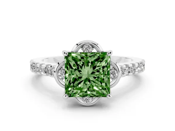 Fancy Green Princess Cut Diamond Ring with Pavé Band and Floral Prong Setting White gold