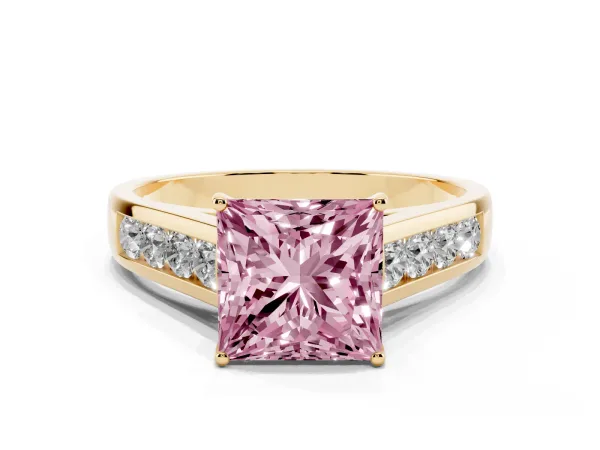 Fancy Pink Princess Cut Solitaire Channel-Set Diamond Engagement Ring with Four-Prong Setting Yellow gold