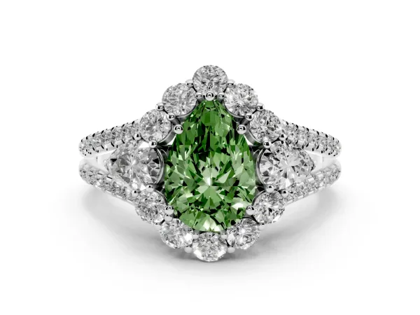 Fancy Green Pear Cut Halo Split Shank Diamond Engagement Ring with Prong Setting White gold