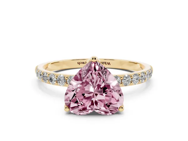 Fancy Pink Heart Cut Diamond Solitaire Engagement Ring with Round Pavé Band and Prong Setting Yellow gold