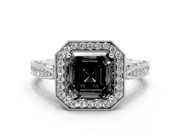 Fancy Black Asscher Cut Halo Diamond Engagement Ring with Split Shank Band and Four-Prong Setting Platinum