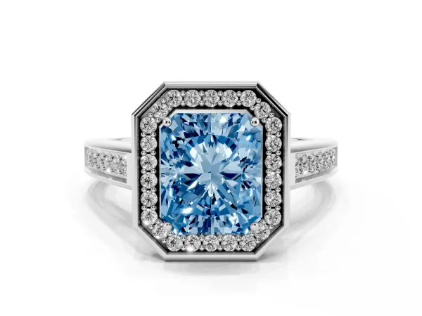 Fancy Blue Emerald Cut Halo Solitaire Diamond Ring with Pave Band and Bezel Setting White gold
