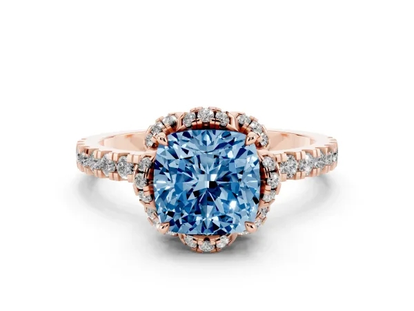 Fancy Blue Cushion Cut Diamond Halo Pave Band with Four-Prong Setting Rose gold