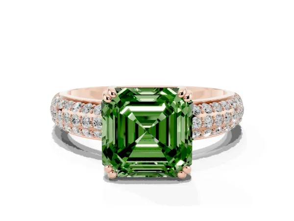 Fancy Green Asscher Cut Diamond Solitaire Ring with Multi-Row Round Pavé Band and Prong Setting Rose gold