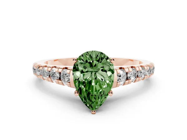 Fancy Green Pear Cut Diamond Cathedral Solitaire Ring with Round Pavé Band Rose gold