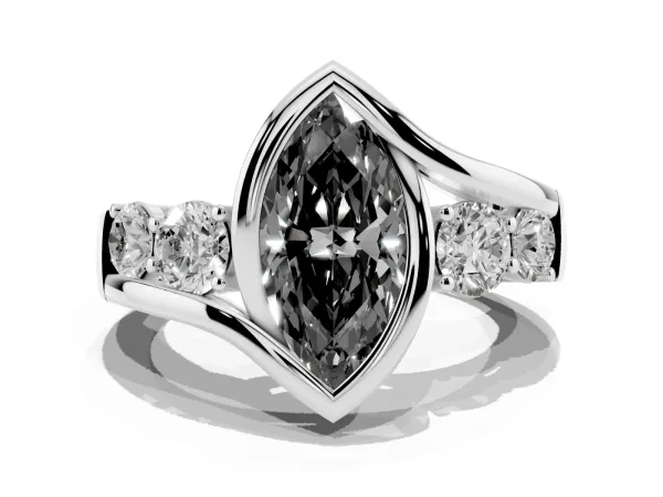 Fancy Black Bezel Set Marquise Cut Diamond Bypass Ring with Round Accents Platinum
