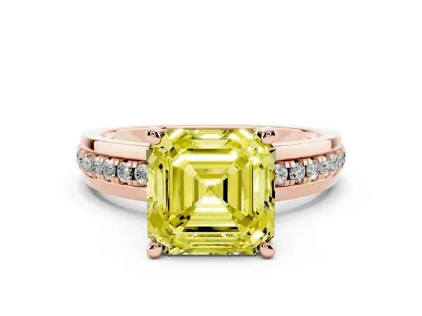 Fancy Yellow Asscher Cut Solitaire Diamond Ring with Channel Set Band and Six-Prong Setting Rose gold