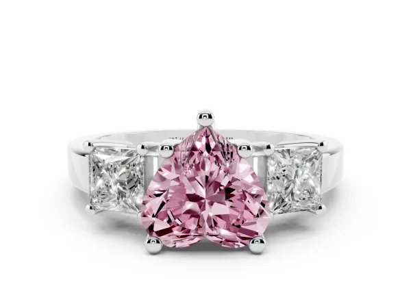 Fancy Pink Three-Stone Heart Cut Cut Solitaire Ring with Prong Setting White gold