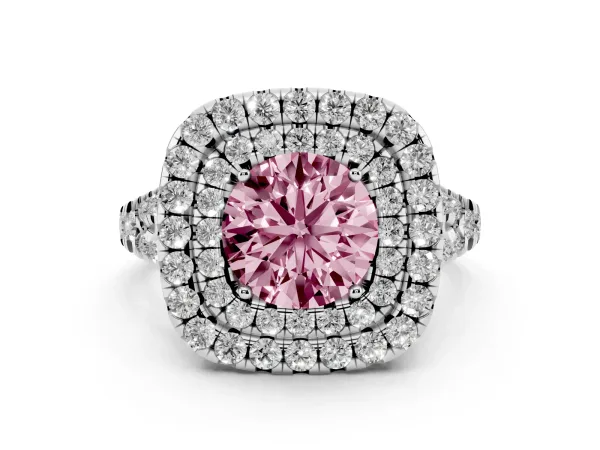 Fancy Pink Double Halo Round Cut Diamond Pavé Split Shank Ring with Prong Setting White gold