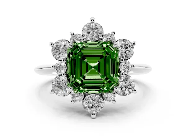 Fancy Green Asscher Cut Diamond Cluster Halo Ring with Solitaire Band and Four-Prong Setting White gold