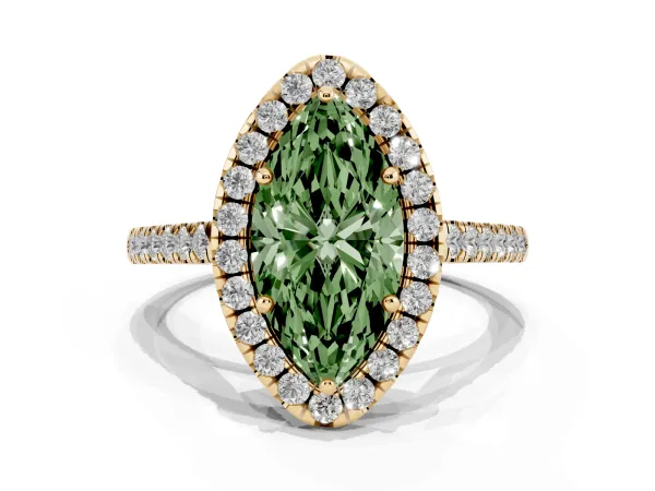 Fancy Green Marquise Cut Halo Pavé Diamond Engagement Ring with Four-Prong Setting Yellow gold