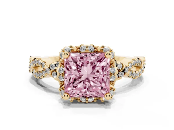 Fancy Pink Princess Cut Halo Twist Band Solitaire Ring with Six-Prong Setting Yellow gold
