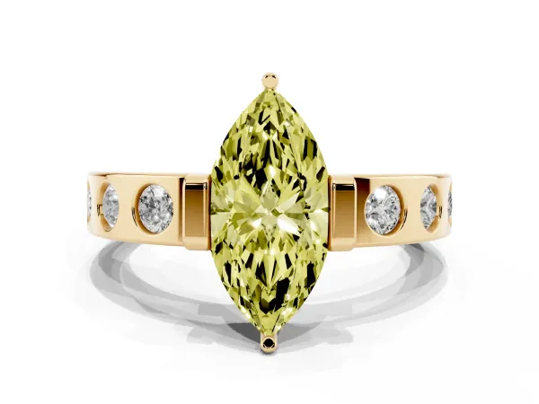 Fancy Yellow Marquise Cut Brilliant Channel-Set Diamond Ring with Bezel Prong Setting Yellow gold