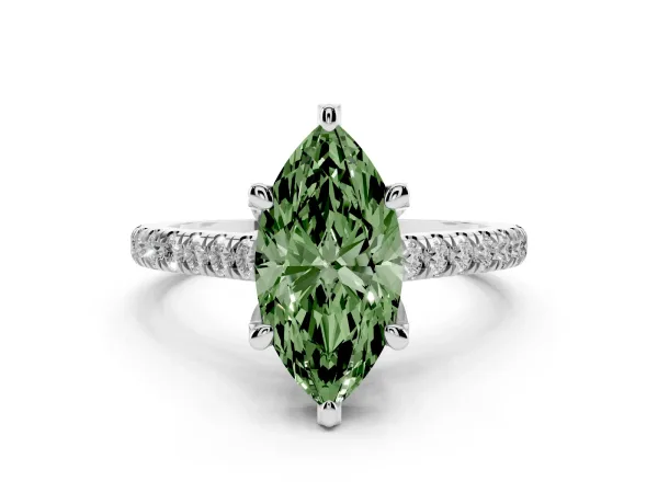 Fancy Green Marquise Cut Brilliant Diamond Solitaire with Pavé Band and Four-Prong Setting White gold