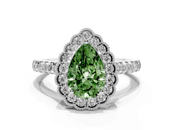 Fancy Green Pear Cut Cut Diamond Milgrain Floral Halo Engagement Ring with Pavé Band White gold