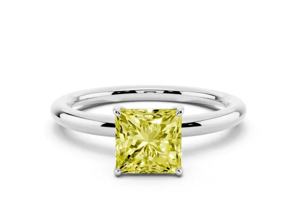Fancy Yellow Princess Cut Solitaire Diamond Ring with Four-Prong Setting on a Plain Band White gold