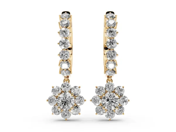 Round Diamond Petite Hoop Earrings with Sunflower Drop Yellow gold