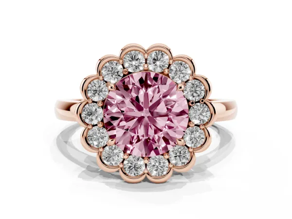 Fancy Pink Round Cut Halo Cluster Diamond Engagement Ring with Solitaire Band and Prong Setting Rose gold
