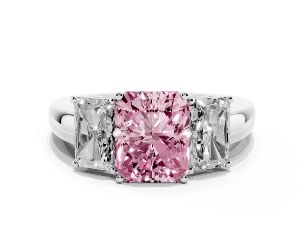 Fancy Pink Radiant Cut Diamond Three-Stone Ring with Four-Prong Setting and Classic Band White gold