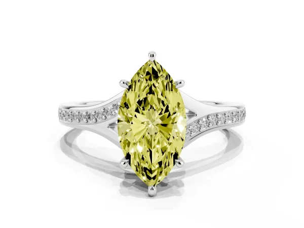 Fancy Yellow Marquise Cut Diamond Solitaire Ring with Pavé Band and Prong Setting White gold