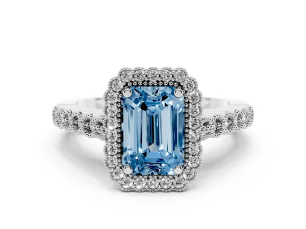 Fancy Blue Emerald Cut Cut Halo Pavé Solitaire Ring with Milgrain Band White gold