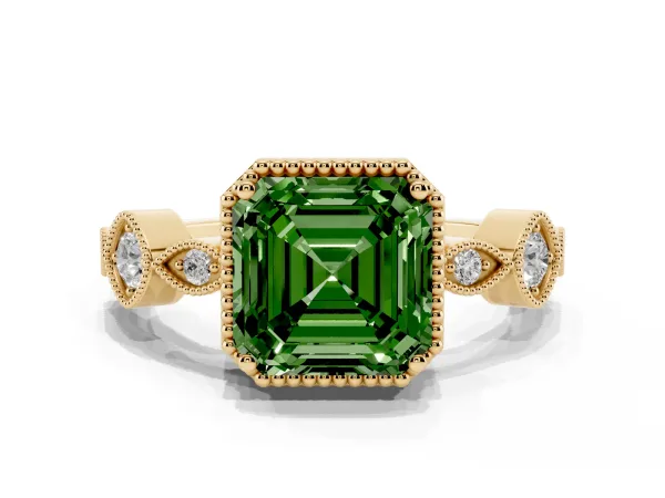 Fancy Green Asscher Cut Diamond Vintage Milgrain Ring with Round Stations Yellow gold